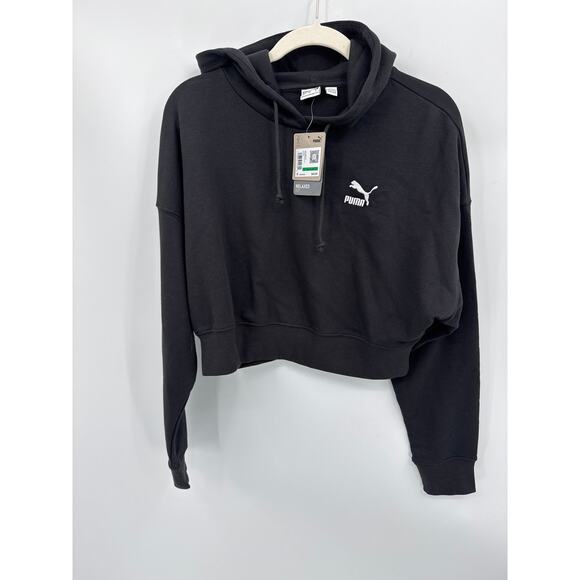 Puma Black Cropped Logo Hoodie French Terry Long Sleeve Sweatshirt Large NWT - Picture 2 of 7